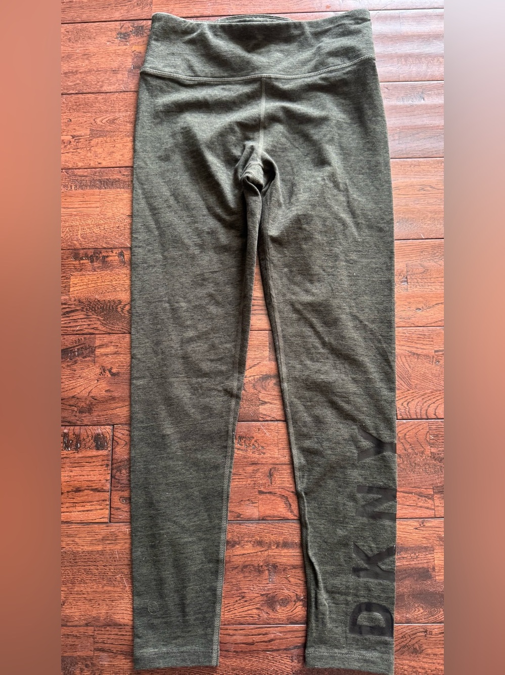 DKNY Sport Athletic Dark Heathered Olive Green High-Waist Leggings w/ DKNY Logo